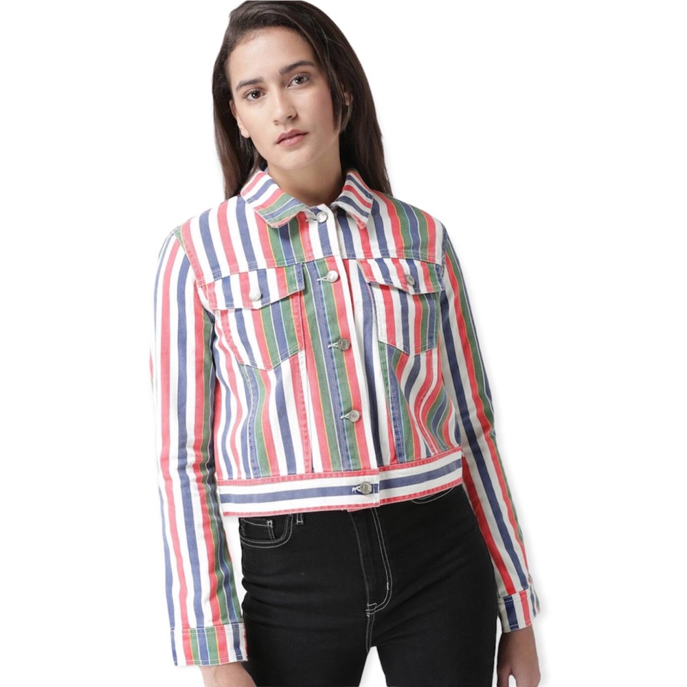 NWT Forever 21 Colorful Striped Denim Jacket Large